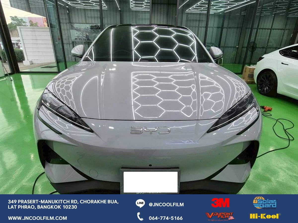 Review of the installation of V-Dupont window tint on a BYD SEALLION 7 electric car, covering the entire vehicle including the roof